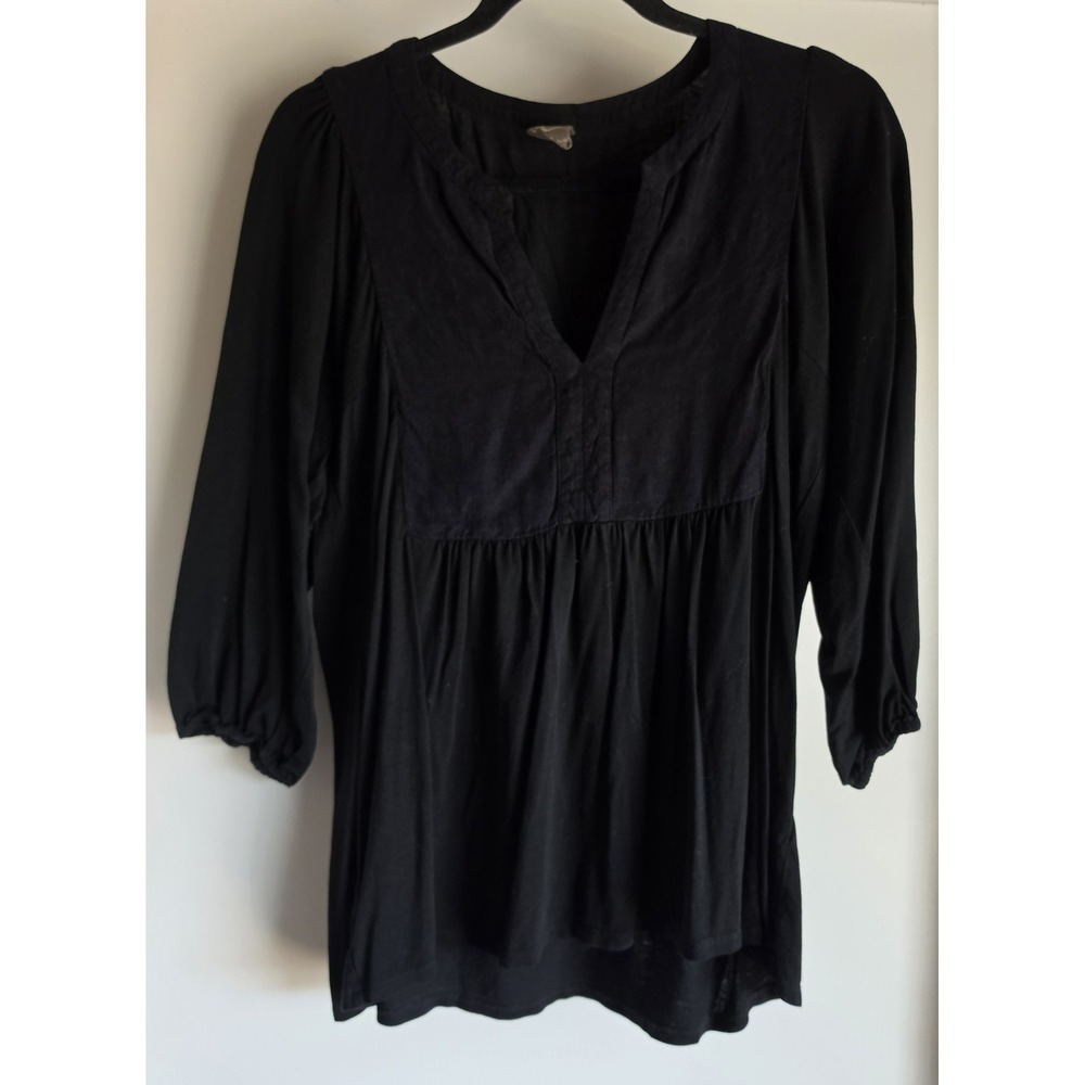 Anthro One September Black Blouse 3/4 Sleeve Split Neck Solid Top Shirt Tunic